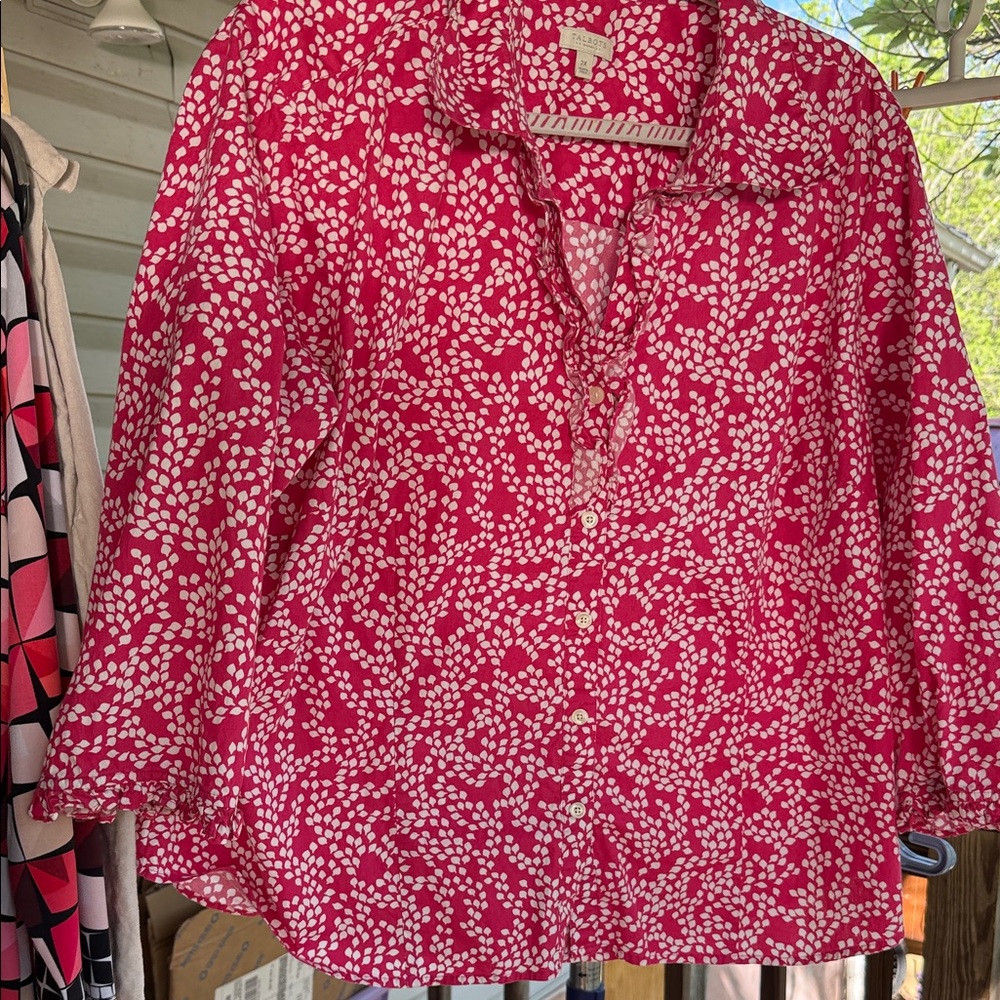 Talbots Womens 2X Hot Pink & white Button-Up Blouse with ruffle 3/4 sleeves